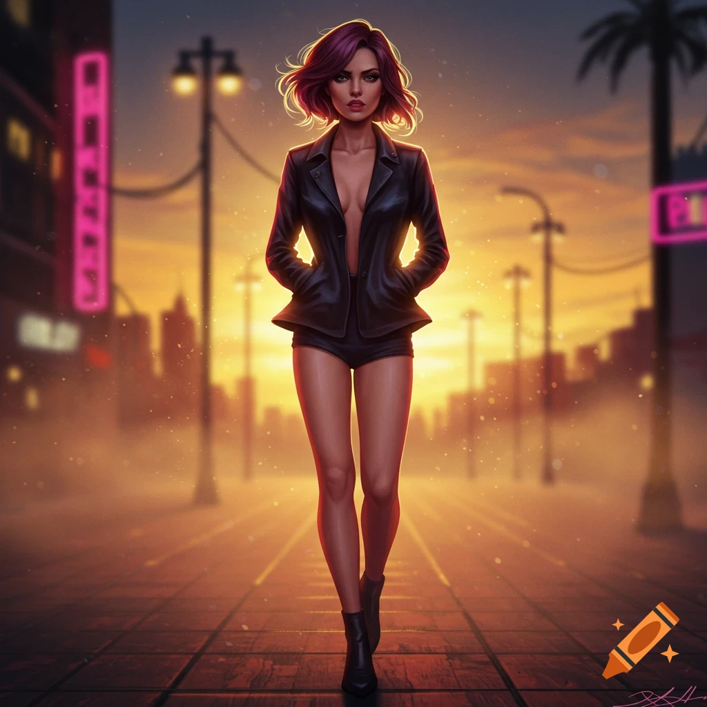 A woman with red hair in a black leather jacket and shorts walks on a city street at sunset, digital art.