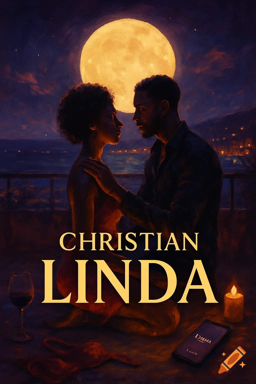 A man and woman embracing under a full moon on a balcony overlooking the ocean, with the names 'CHRISTIAN' and 'LINDA' in bold golden letters, wine glass, and candle.