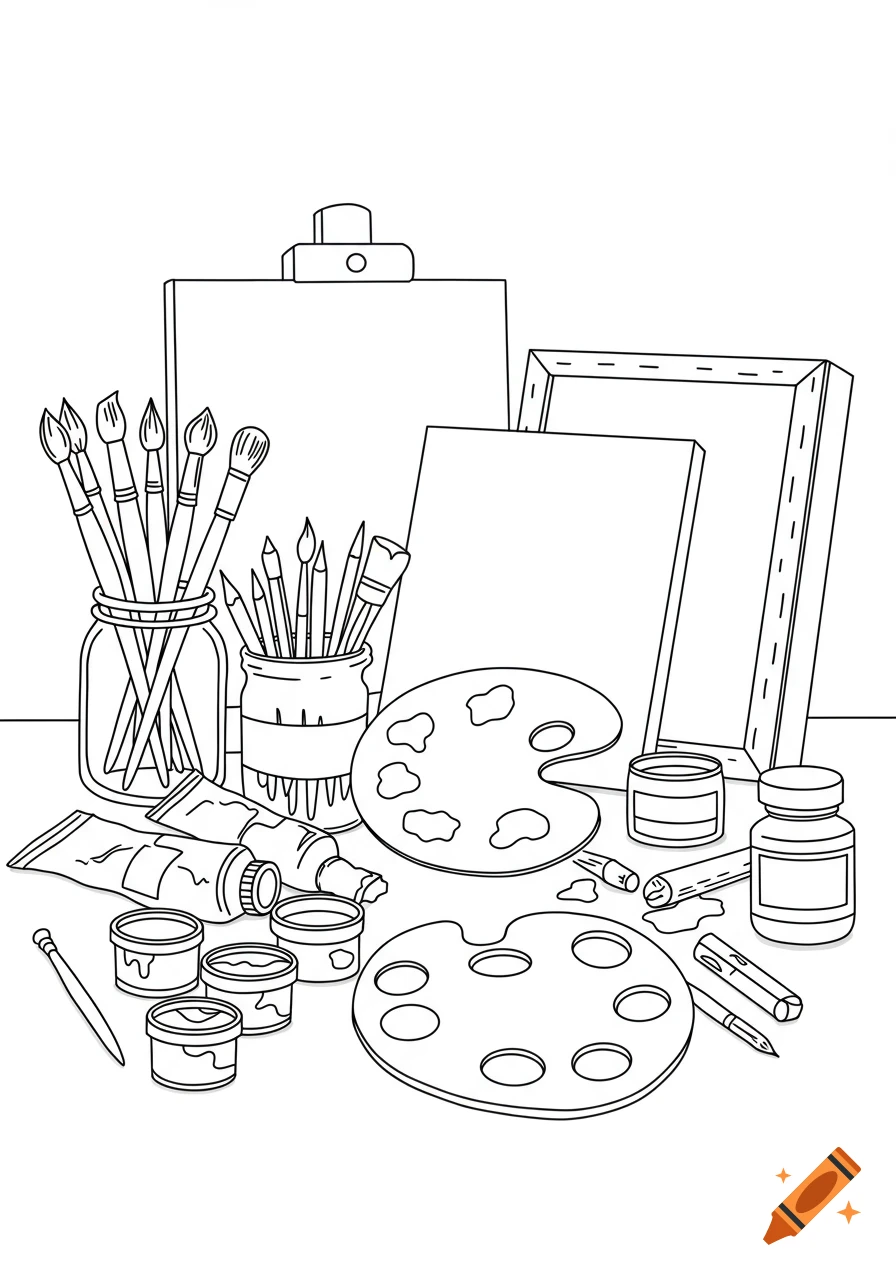 A collection of art room painting supplies including paint tubes, brushes in jars, palettes, and canvases, in a black and white vector line art style.