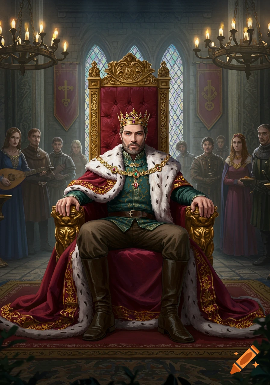 A regal king sits on a golden throne in a royal court, wearing a crown and fur-trimmed robes, surrounded by his subjects in an illustrative style.