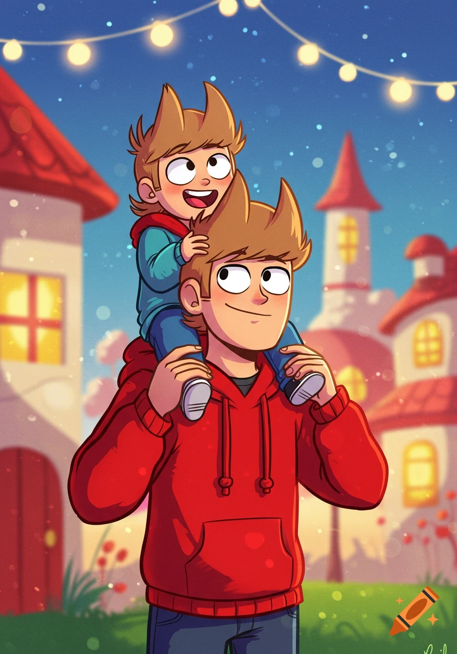 A cartoon man in a red hoodie carries a child on his shoulders, smiling under string lights in a whimsical town.
