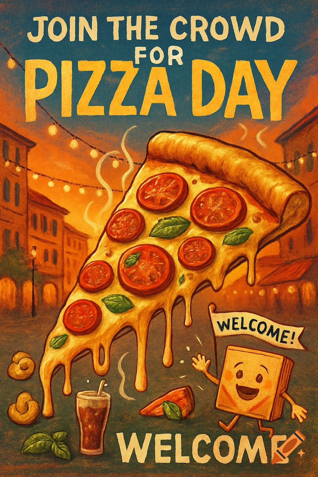 A vintage-style poster advertising "Pizza Day" with a large, cheesy pizza slice, a cityscape at sunset, and a cartoon character.