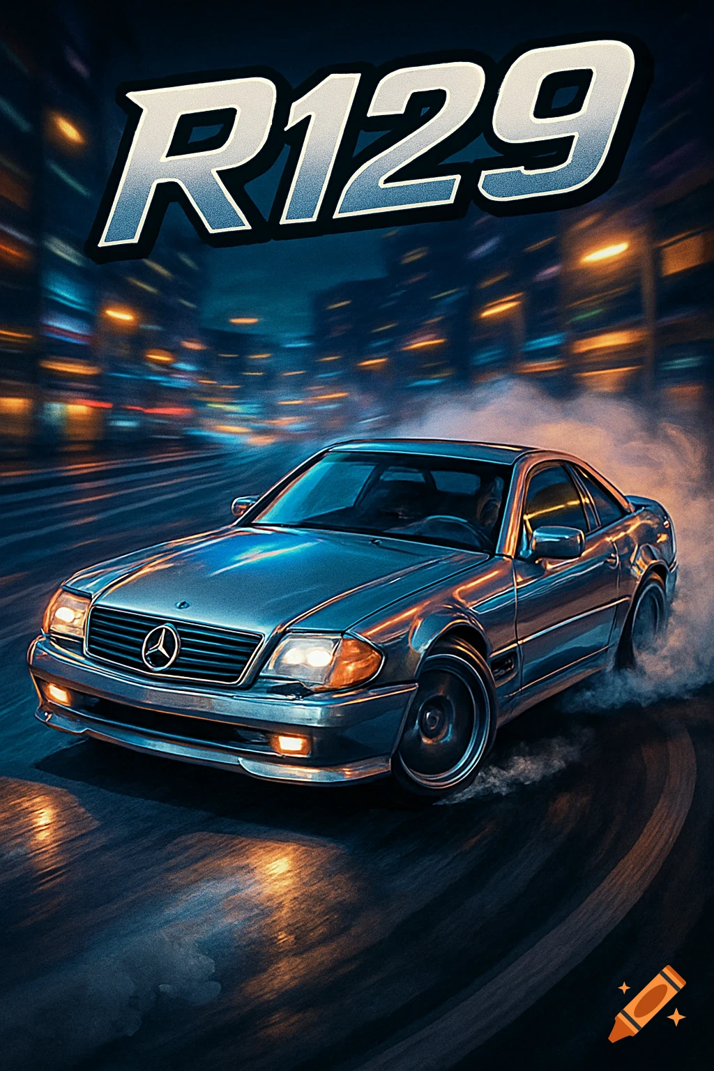 A silver Mercedes Benz R129 drift car on a city street at night with blurred lights and 'R129' text above.