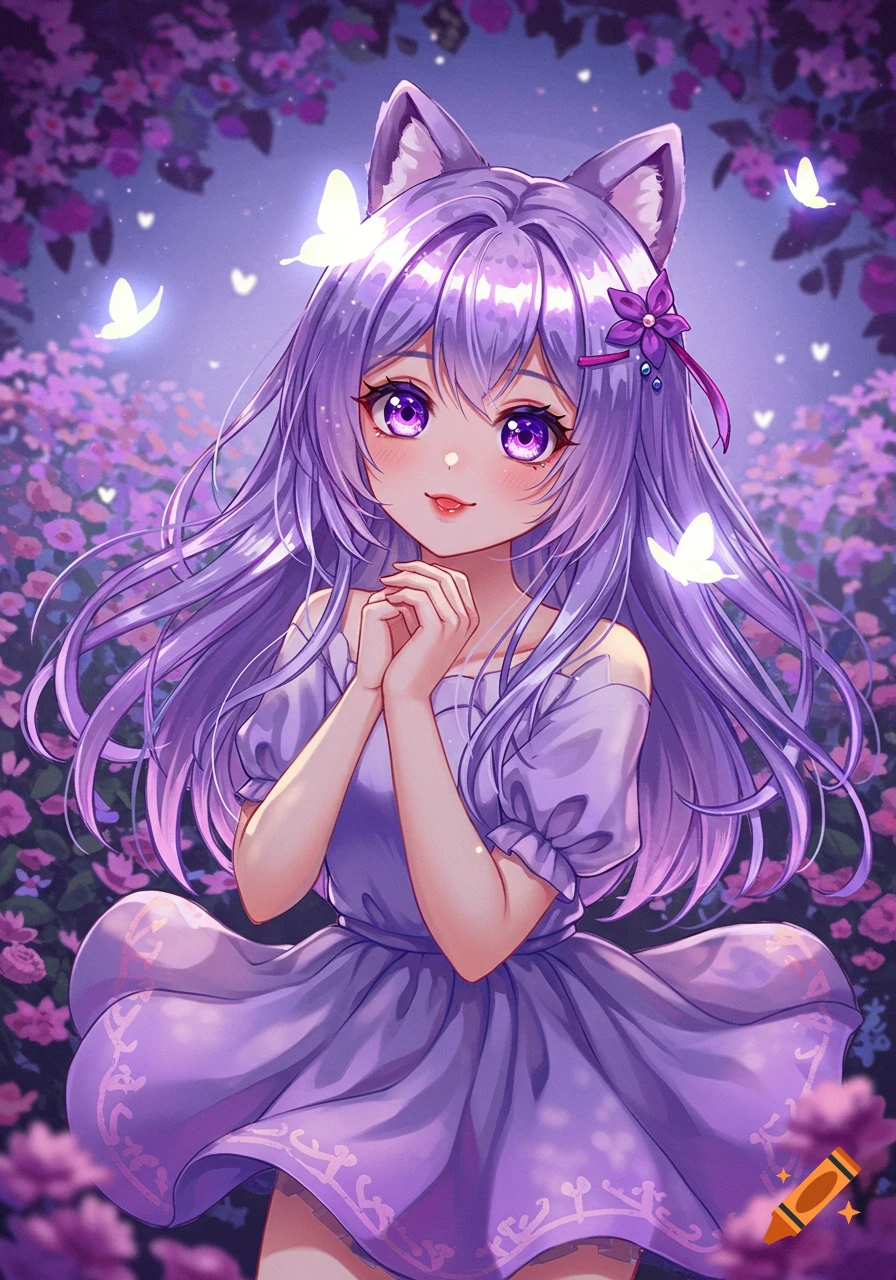 A cute anime girl with long purple hair and cat ears in a purple dress, kneeling in a field of purple flowers with glowing butterflies.