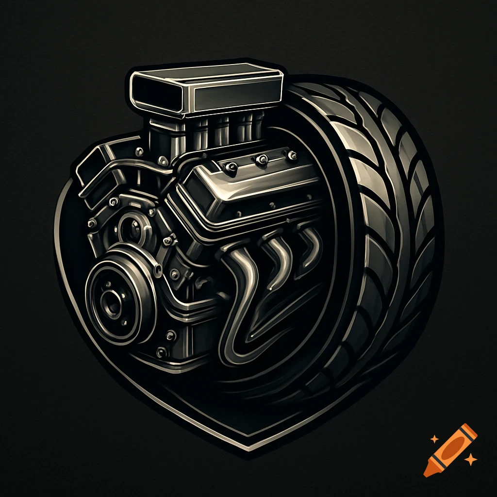 A stylized metallic emblem featuring a car engine and a tire combined within a heart shape on a dark background.