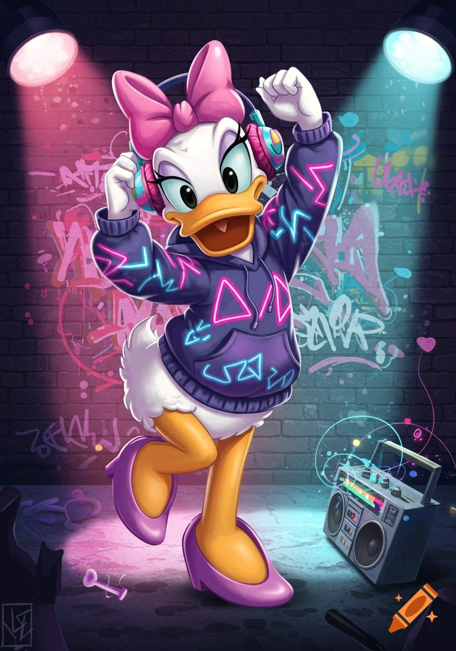 Daisy Duck wearing headphones and a purple hoodie with neon patterns, dancing in front of a graffiti-covered brick wall with a boombox on the ground.