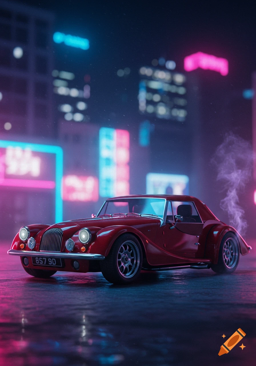 A red vintage sports car sits on a wet city street at night, illuminated by neon pink and blue lights reflecting on the wet pavement.