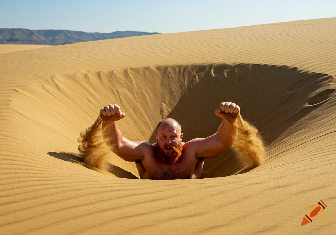 A bald, red-bearded man struggles to emerge from a sinking sand pit in a desert, sand pouring from his clenched fists.