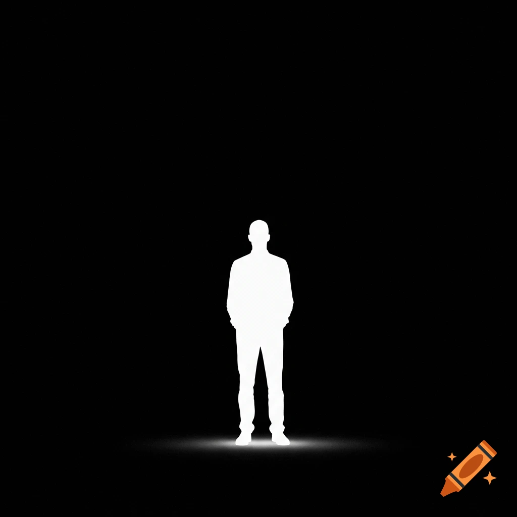 A white silhouette of a man standing on a glowing surface against a black background.