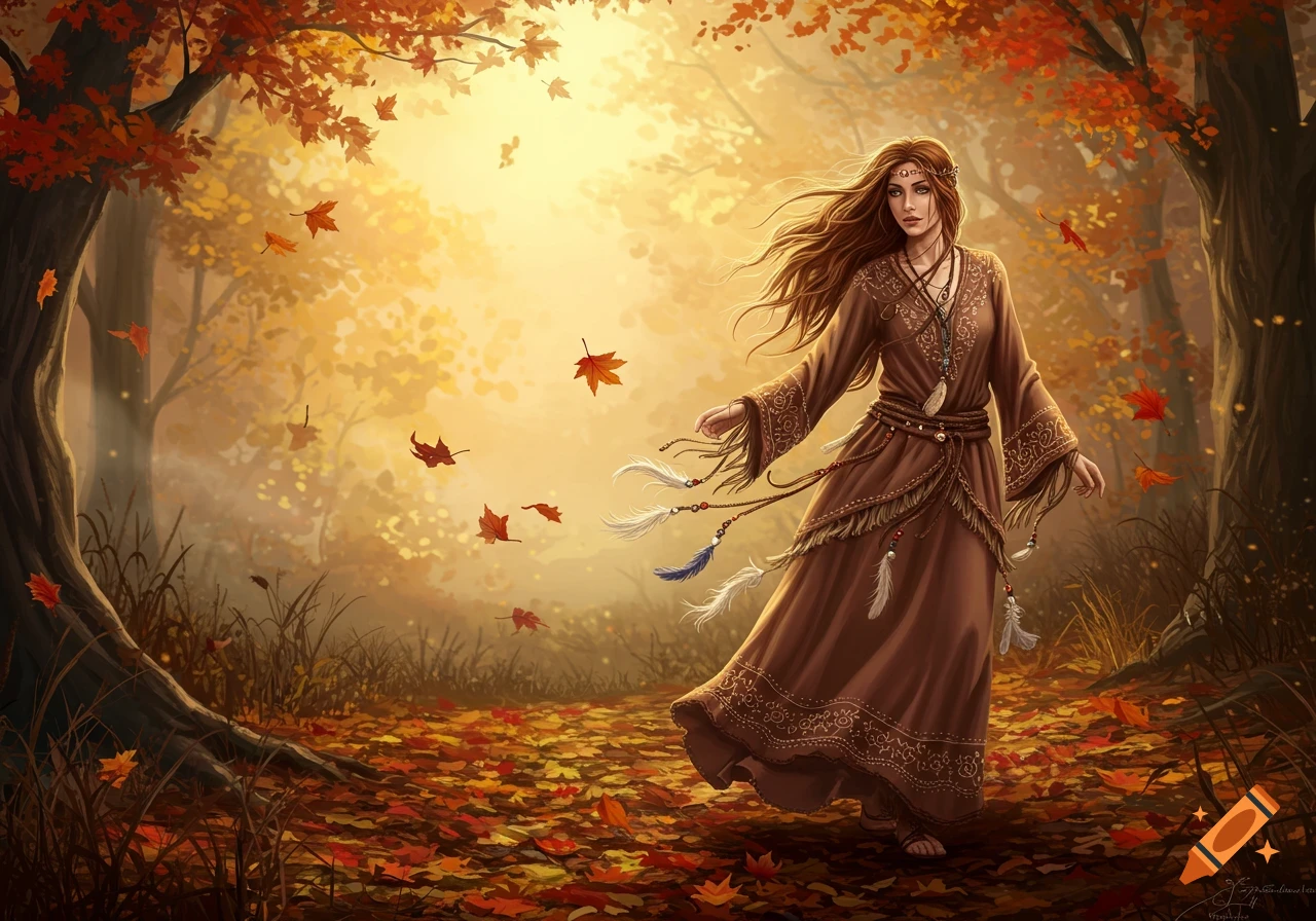 A woman in a brown bohemian dress walks through an autumn forest with falling leaves and warm golden light.