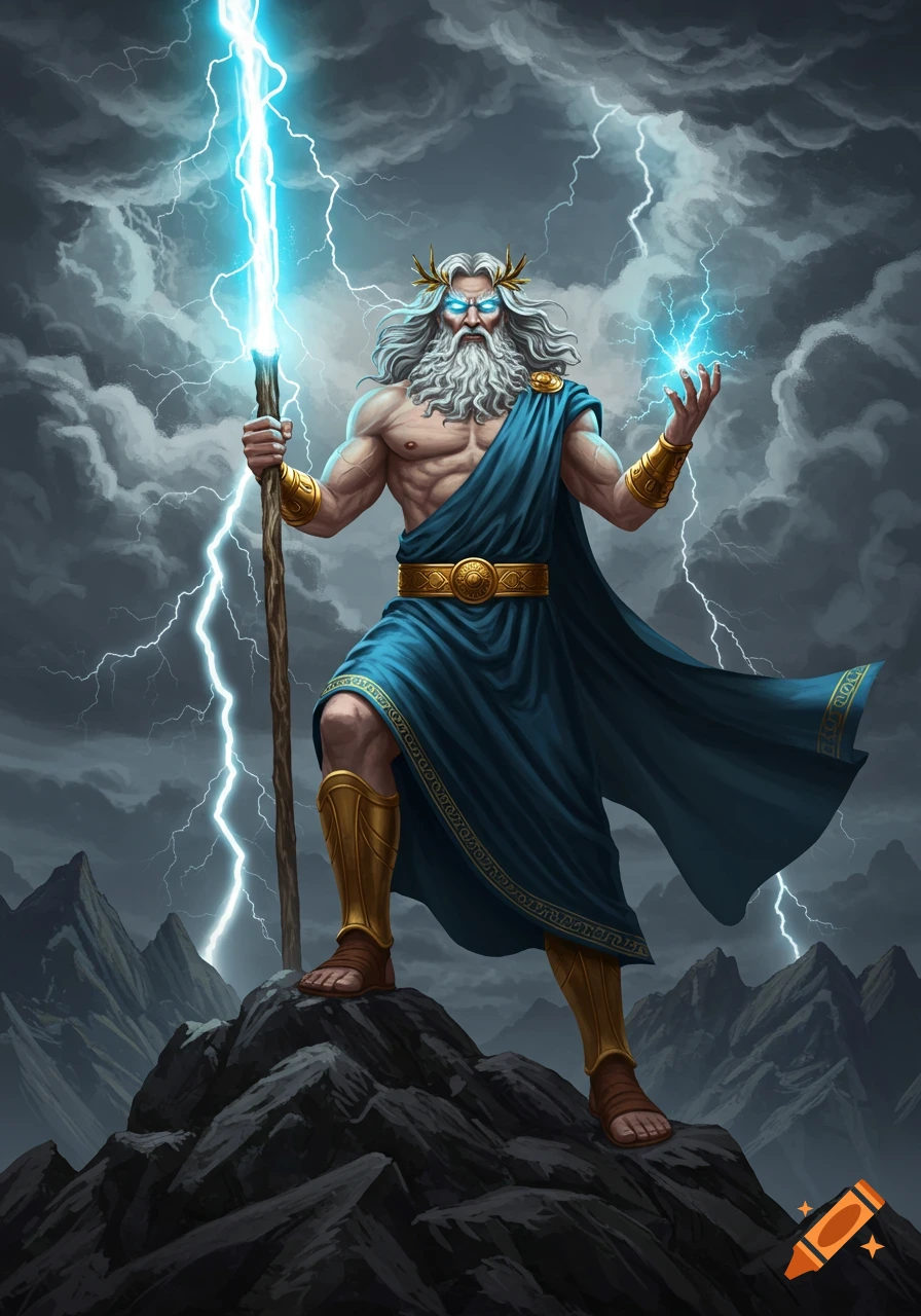 Powerful Zeus, god of lightning, standing on a mountain peak surrounded by stormy skies, holding a lightning bolt.