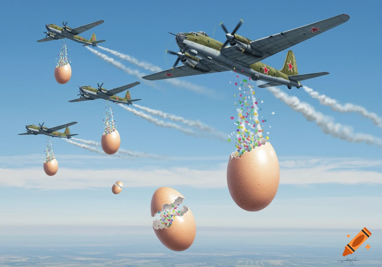 Several Soviet bombers fly in formation, dropping giant eggs that crack open to release colorful confetti high above a landscape under a blue sky.