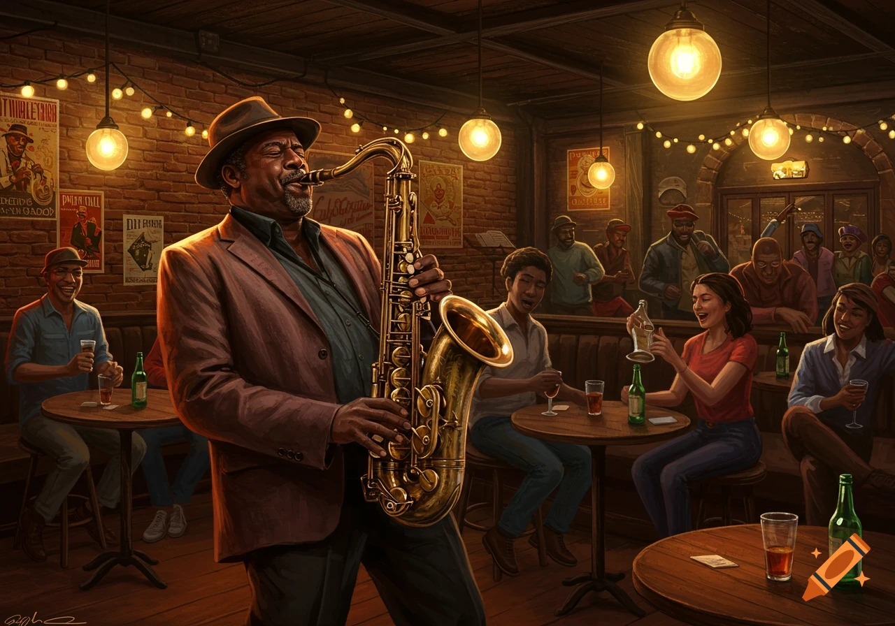 An older man plays a saxophone in a dimly lit jazz bar filled with people enjoying drinks.