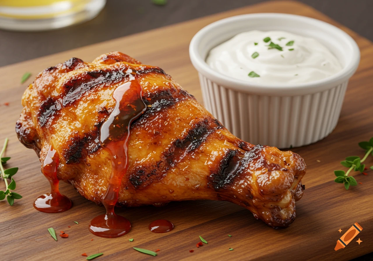 Photorealistic grilled chicken drumstick with sauce and a bowl of dip on a wooden board.