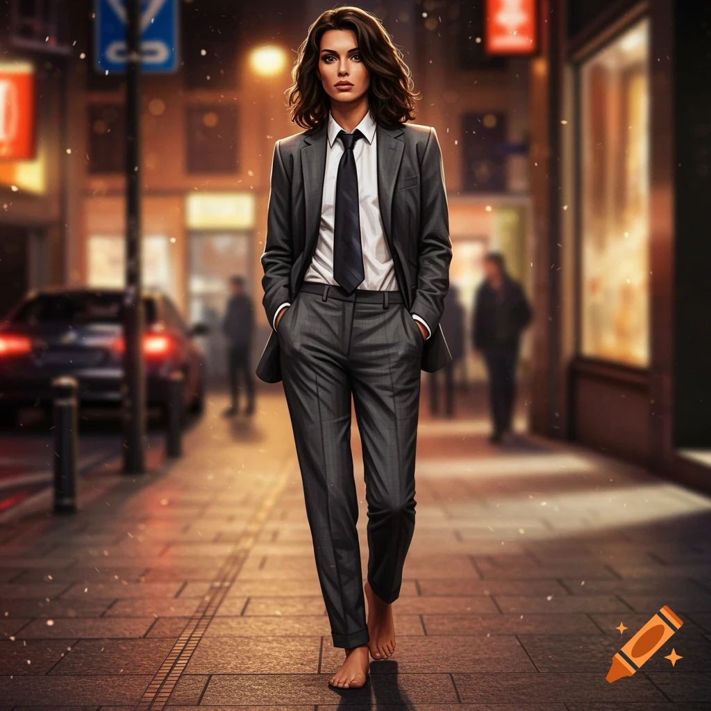A brunette woman in a grey suit and tie, barefoot, walks down a city street at night, looking at the viewer.