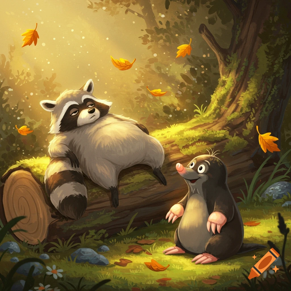 A cartoon raccoon naps on a log next to a smiling mole in a sunlit autumn forest with falling leaves, in Disney style.