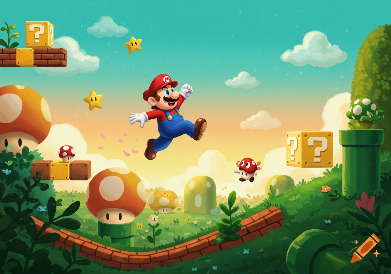 Cartoon illustration of Mario jumping in a vibrant Super Mario Bros. landscape with question mark blocks, stars, mushrooms, and pipes.