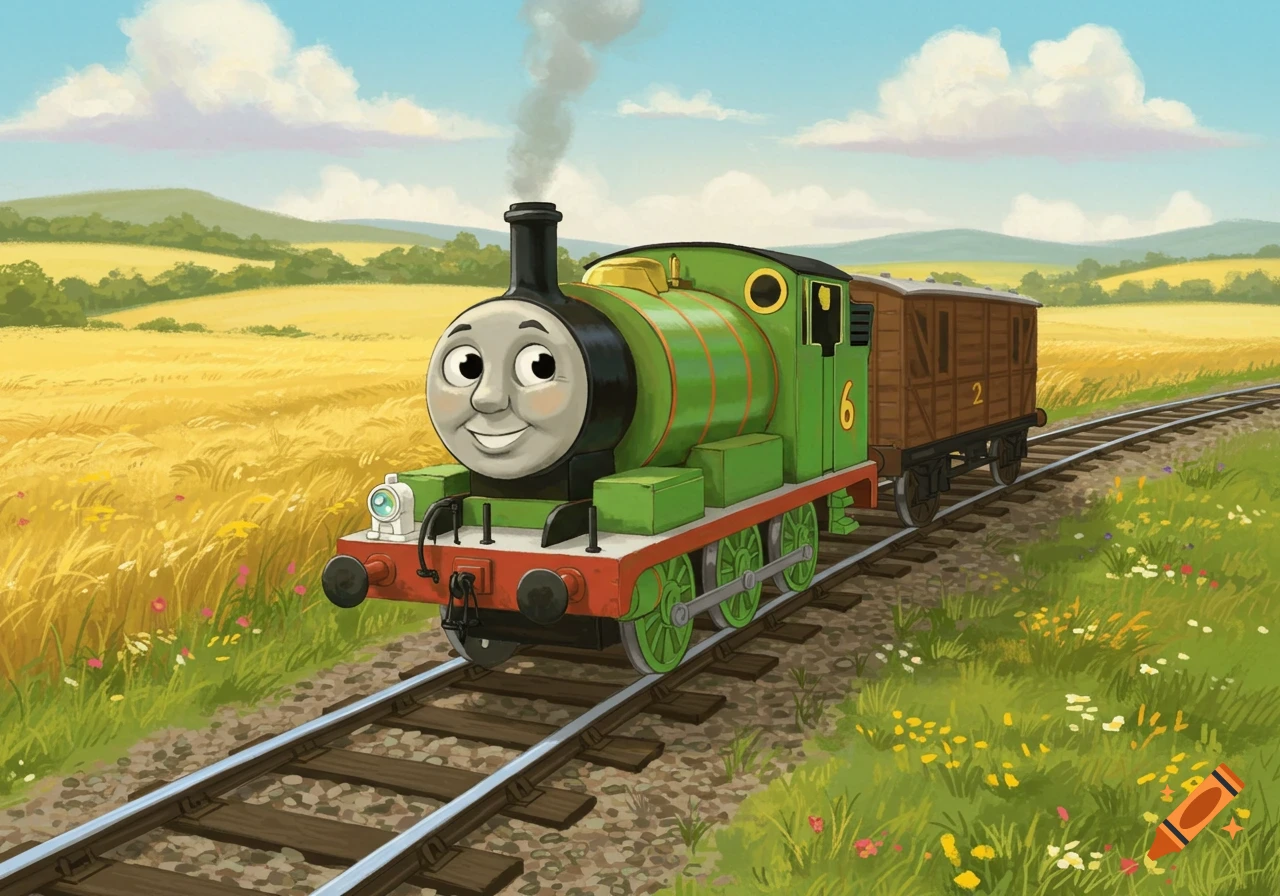 A green cartoon train named Percy with a smiling face on railroad tracks in a golden field under a blue sky.