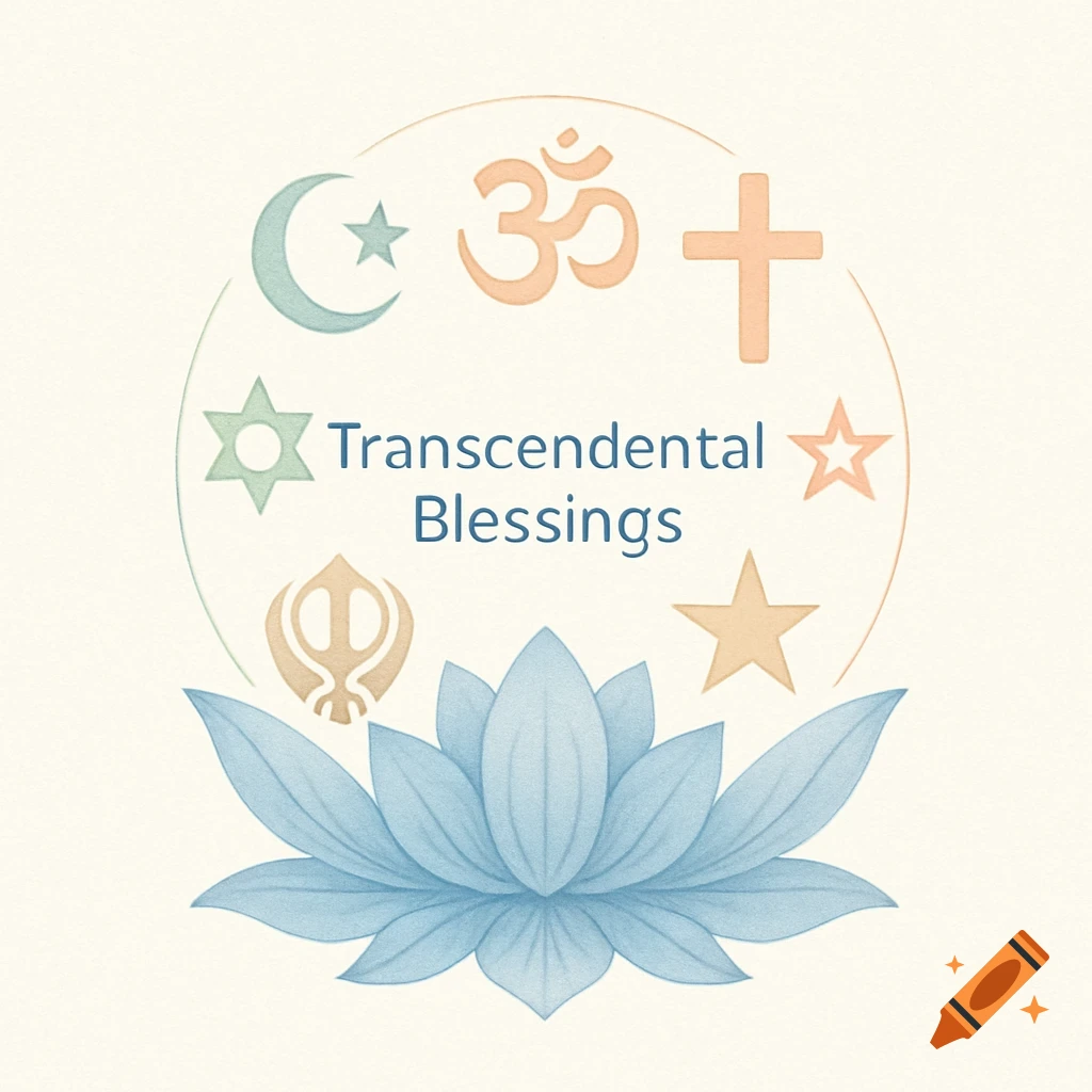 A harmonious logo with various religious symbols in pastel hues arranged in a circle above a blue lotus, featuring 'Transcendental Blessings' text.