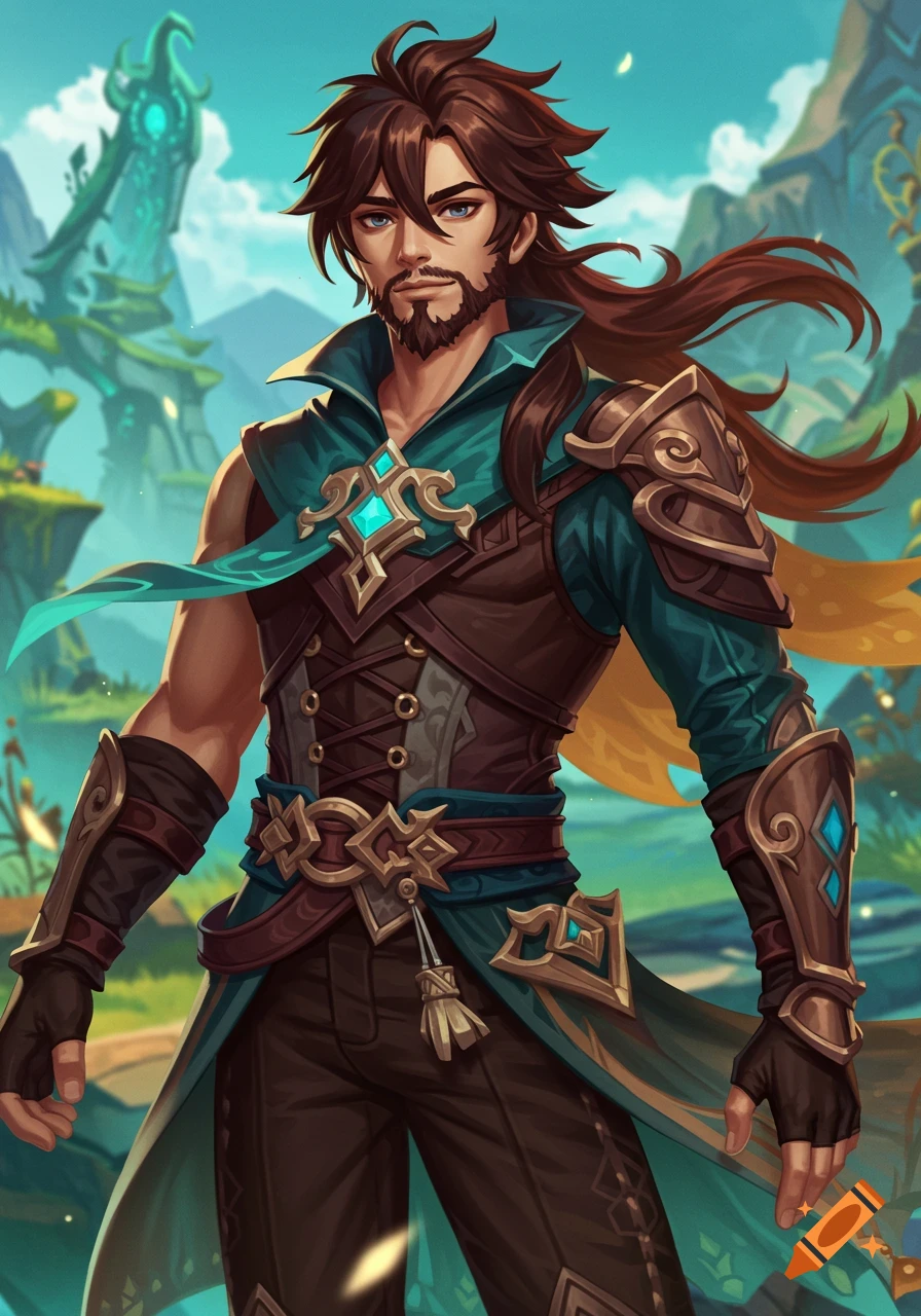 A young adult brunette man with a beard, in teal and brown fantasy attire with armor, in a vibrant Genshin Impact-style landscape.