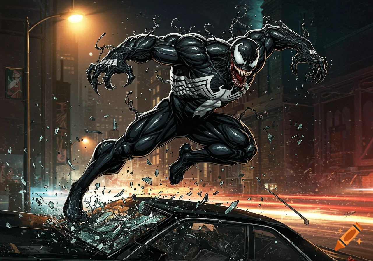 Venom, a black symbiote superhero, leaps forcefully off a car, shattering its roof, in a stylized night city scene.