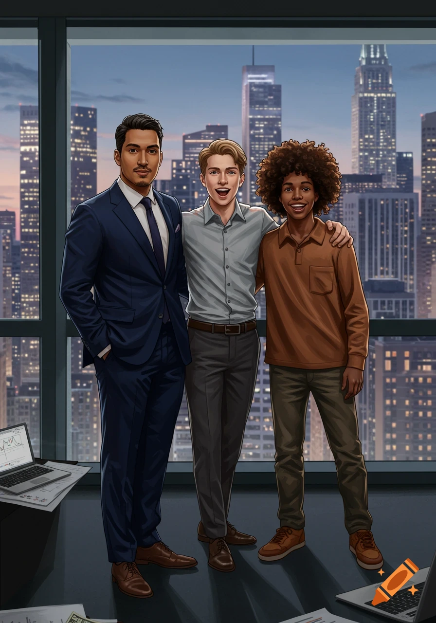 Three diverse young men, dressed in business casual and a suit, stand smiling in a stylized office with a city skyline at dusk.