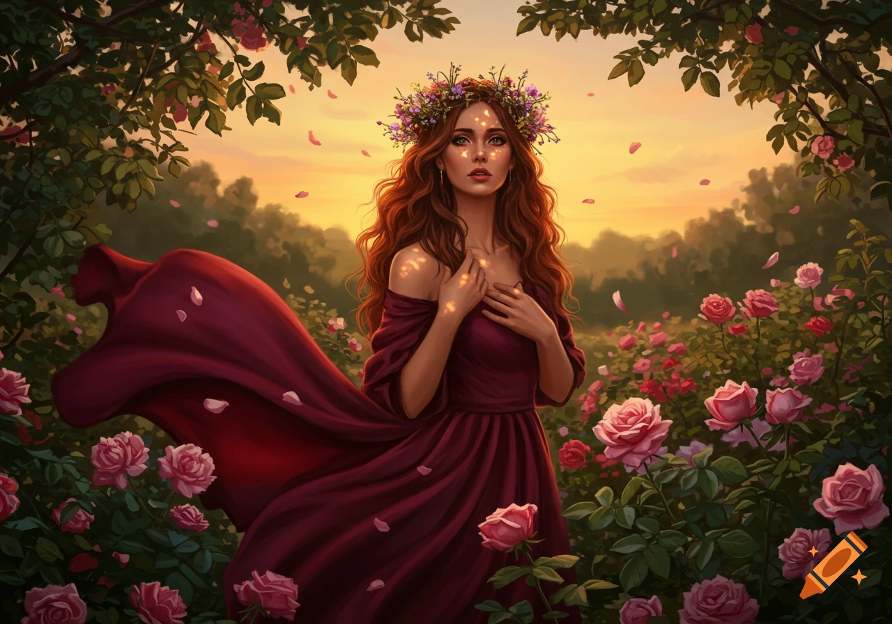 A woman with auburn hair and a flower crown stands in a lush rose garden with a maroon dress flowing, at sunset.