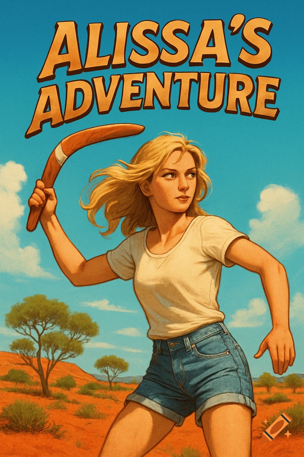 Illustrated adventure cover with a blonde woman holding a boomerang in a desert, titled 'Alissa's Adventure'.