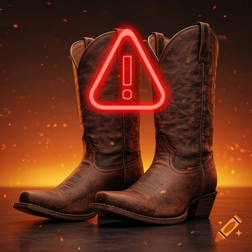 A pair of brown cowboy boots with a glowing red warning triangle and exclamation mark symbol, against a dark background with fiery embers.