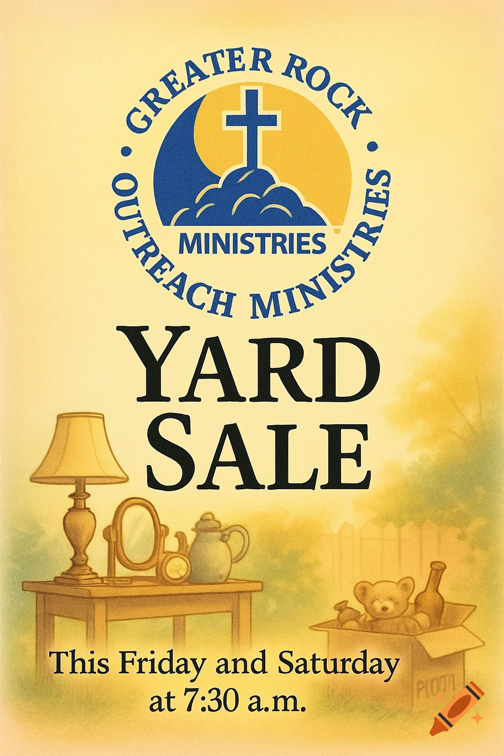 A vintage-style flyer for a "Greater Rock Outreach Ministries Yard Sale" on Friday and Saturday at 7:30 a.m., featuring a lamp, mirror, teapot, and a box with a teddy bear and bottle.