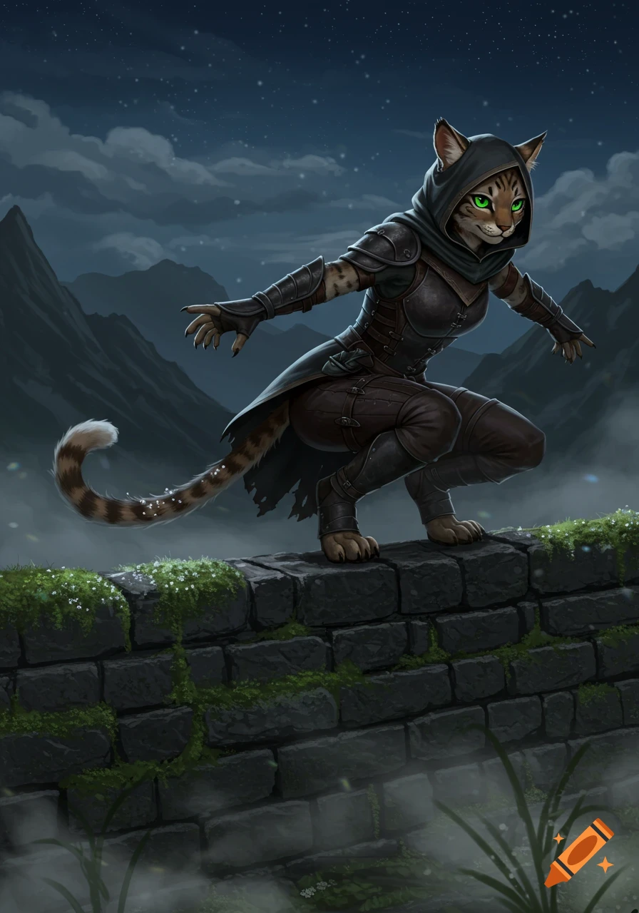 A hooded female tabaxi rogue in dark armor crouches on a mossy stone wall under a starry night sky, with mountains in the background. She has glowing green eyes.