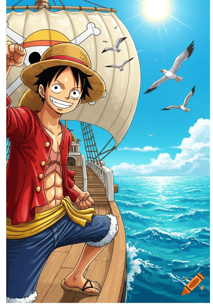 Luffy from One Piece stands on a ship deck with a straw hat, smiling, under a sunny sky over the ocean.