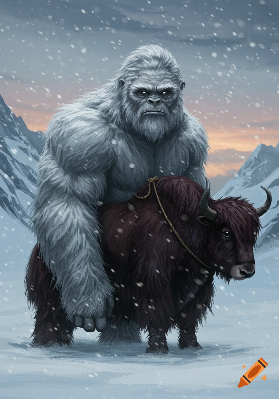 A large white furry yeti-like creature rides a dark brown yak through a snowy mountain landscape with falling snow, digital art.