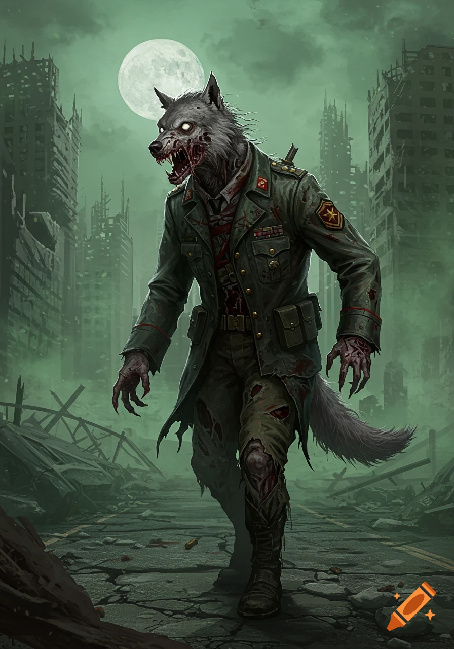 A monstrous zombie grey wolf in a tattered military uniform walks through a destroyed city under a full moon.