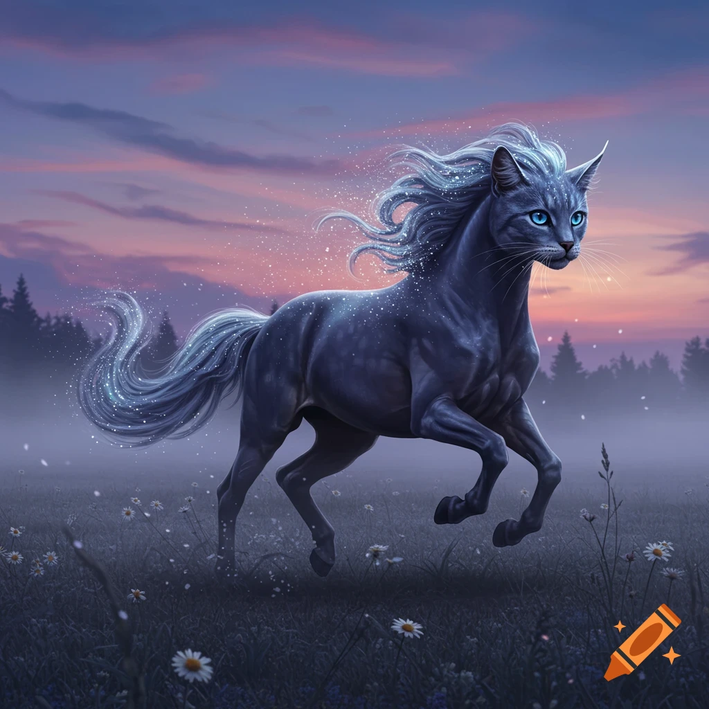 A blue-gray cat-horse hybrid with sparkling mane and tail gallops through a misty field with white flowers at sunset.