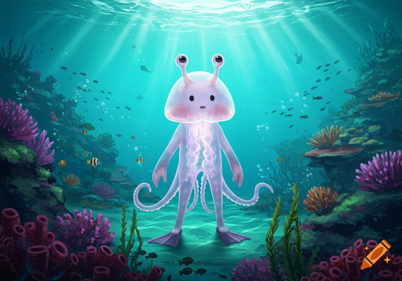 A cute, whimsical jellyfish-like creature with flipper feet stands on the ocean floor surrounded by colorful coral and fish, illuminated by sunbeams from above.