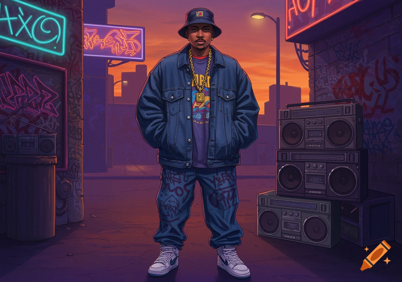 A stylized illustration of a man in a 90s hip-hop outfit, featuring a denim jacket, bucket hat, gold chain, and baggy pants with graffiti. He stands on a street with boomboxes and neon signs at sunset.