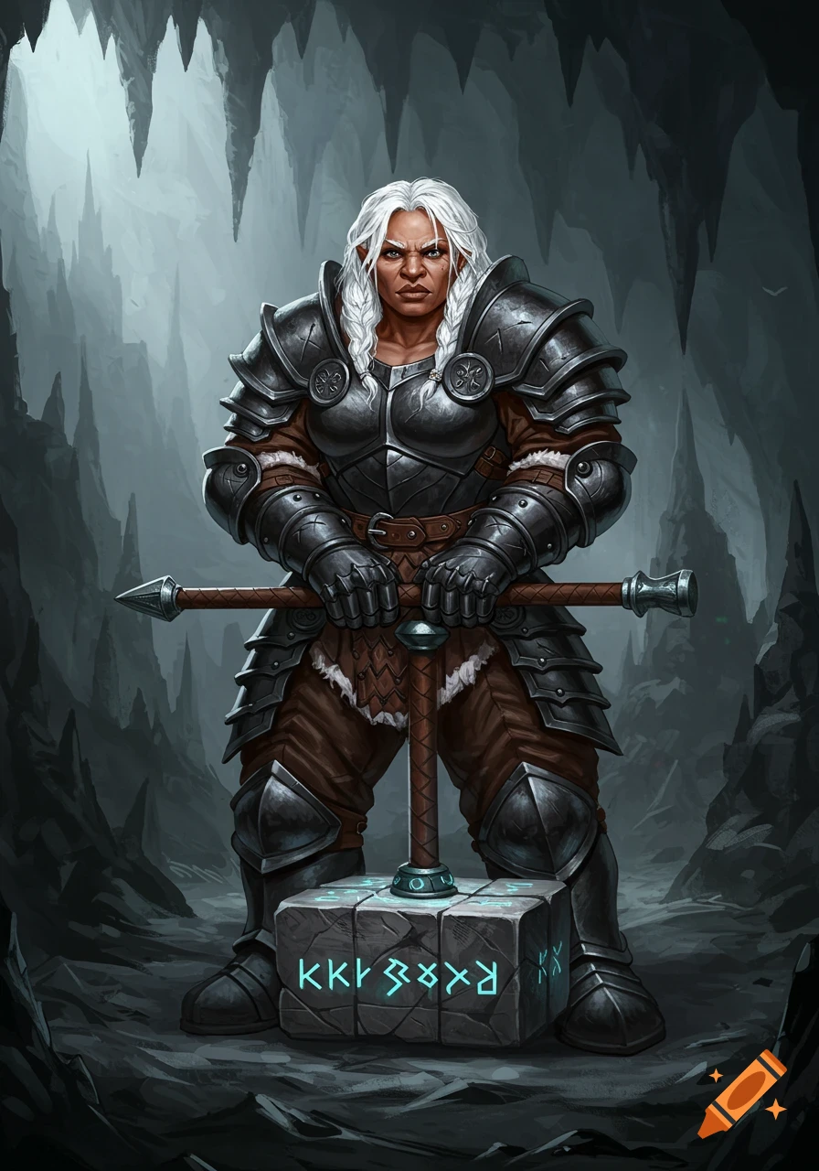 A stern female dwarf with white braids, wearing black armor, stands in a cave, leaning on a large hammer resting on a runic stone block. Fantasy illustration.