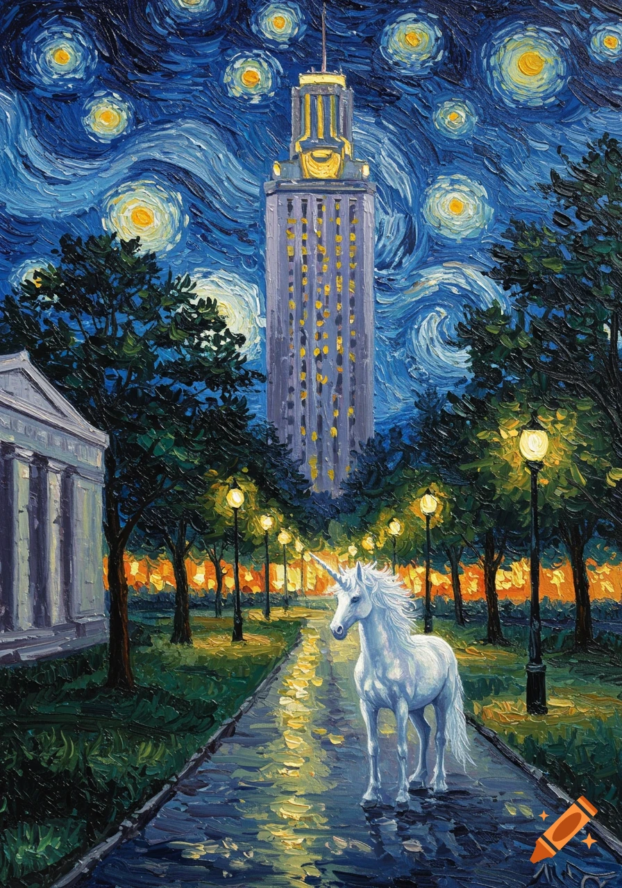 An oil painting in Van Gogh's Starry Night style, featuring a white unicorn on a path with lampposts, leading to a tall UT tower under a swirling night sky.