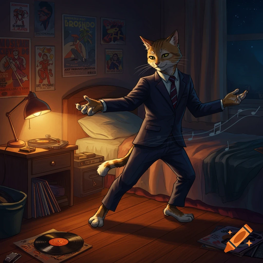 An anthropomorphic ginger cat in a dark suit dances in a dimly lit bedroom at night, with musical notes floating around it. A record player and lamp are on a nightstand, and posters adorn the wall.