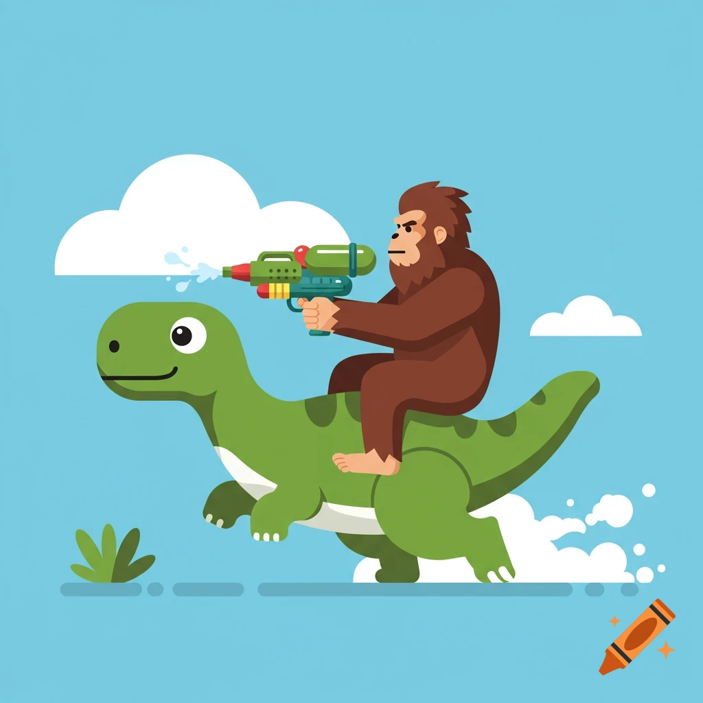 A flat cartoon illustration of a brown Bigfoot riding a green dinosaur, shooting a red and green water gun.