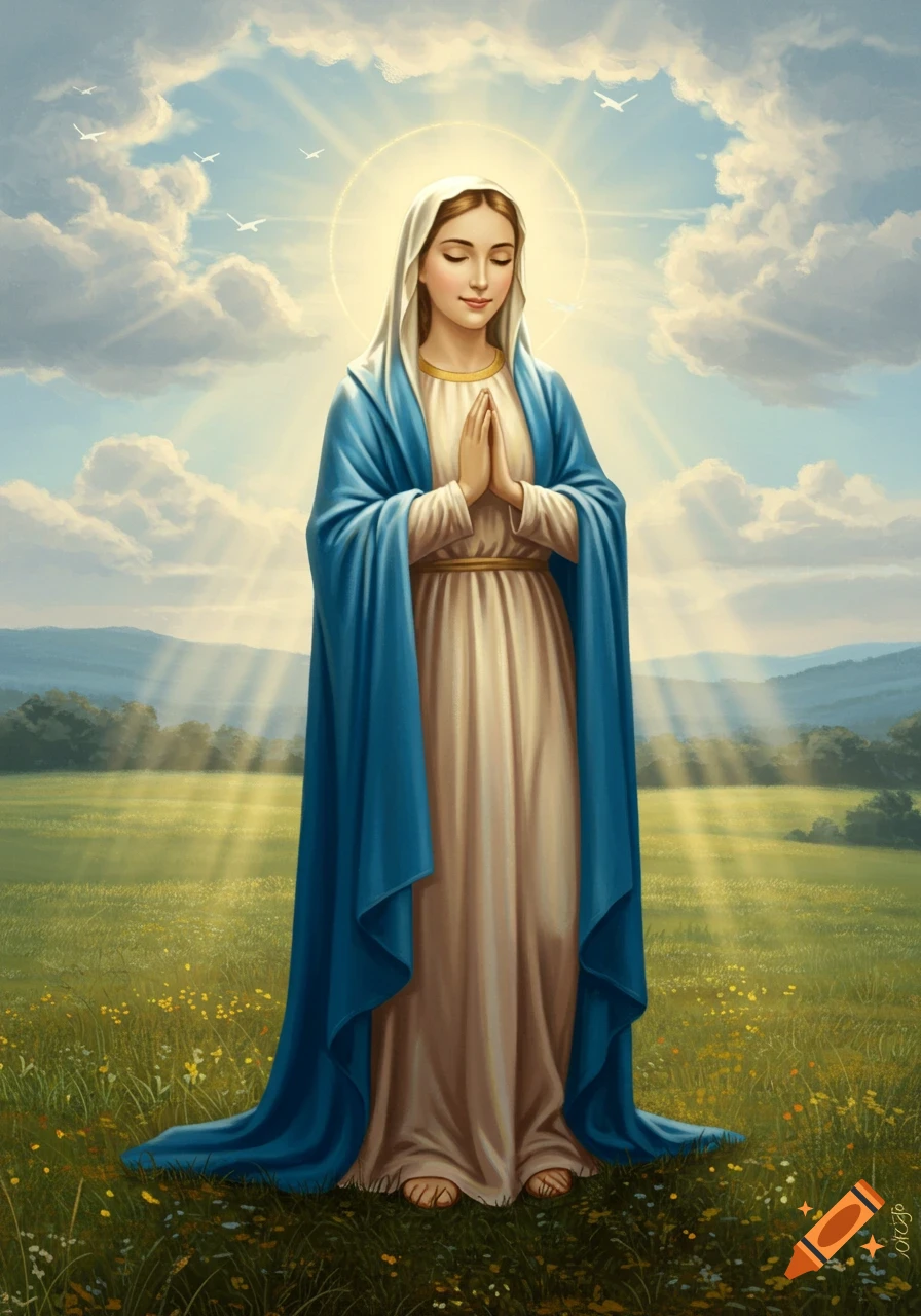 Illustration of Mary, Mother of Jesus, in a blue robe, praying in a sunny field.