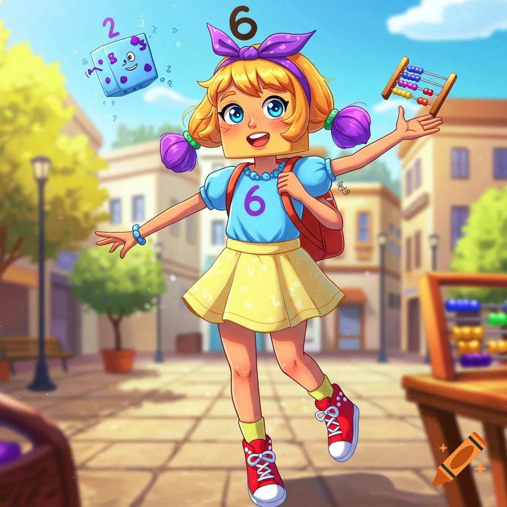 A cheerful cartoon girl with a square head and purple pigtails, wearing a blue shirt with the number 6, holds an abacus outdoors near a floating die.