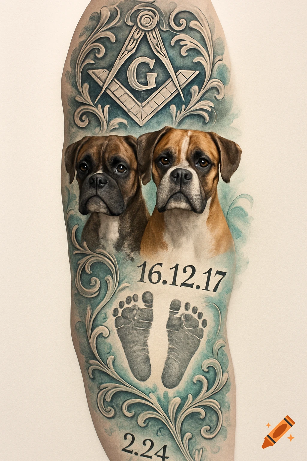Highly detailed arm tattoo with two boxer dogs, Masonic symbol, baby footprints, dates 16.12.17 and 2.2.4, and ornate filigree.