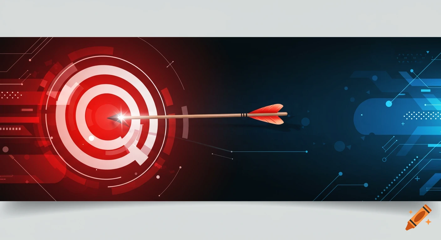 A vibrant digital illustration of an arrow hitting the bullseye of a red target, set against a dark background with glowing abstract circuit lines in red and blue.