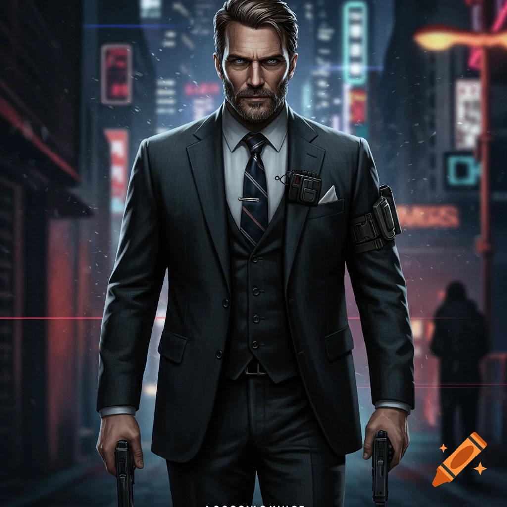 A man in a suit holding two pistols stands in a neon-lit city street, looking directly at the viewer. Art style.