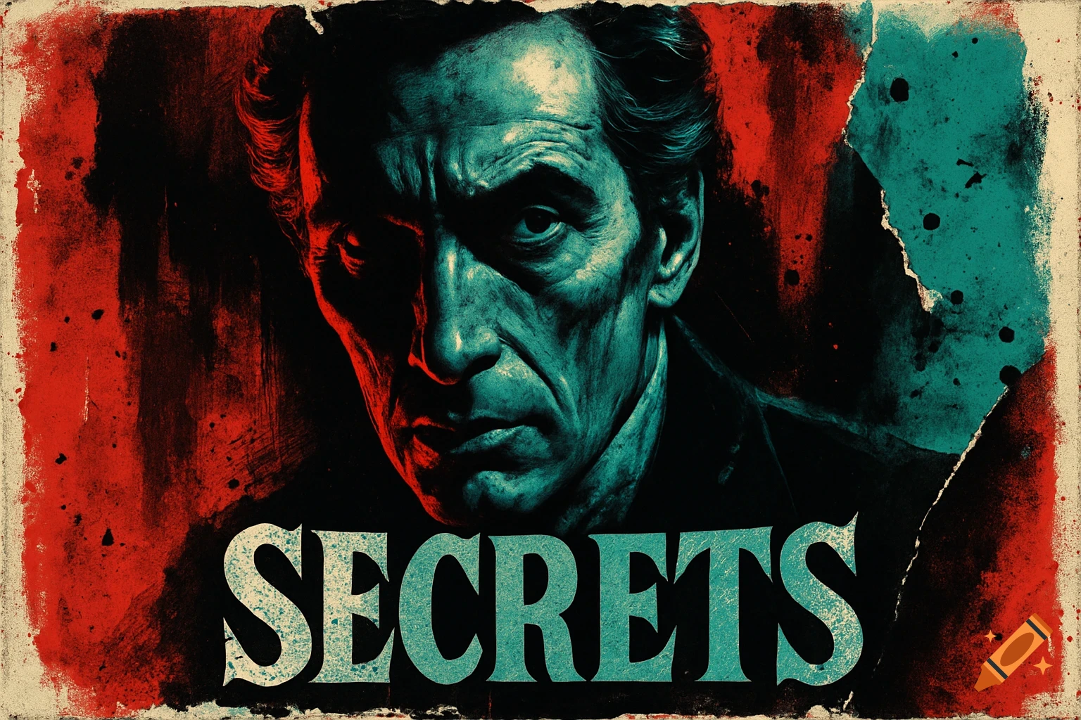 A vintage horror-style poster featuring a mysterious man's face in teal and red, with the word SECRETS below.