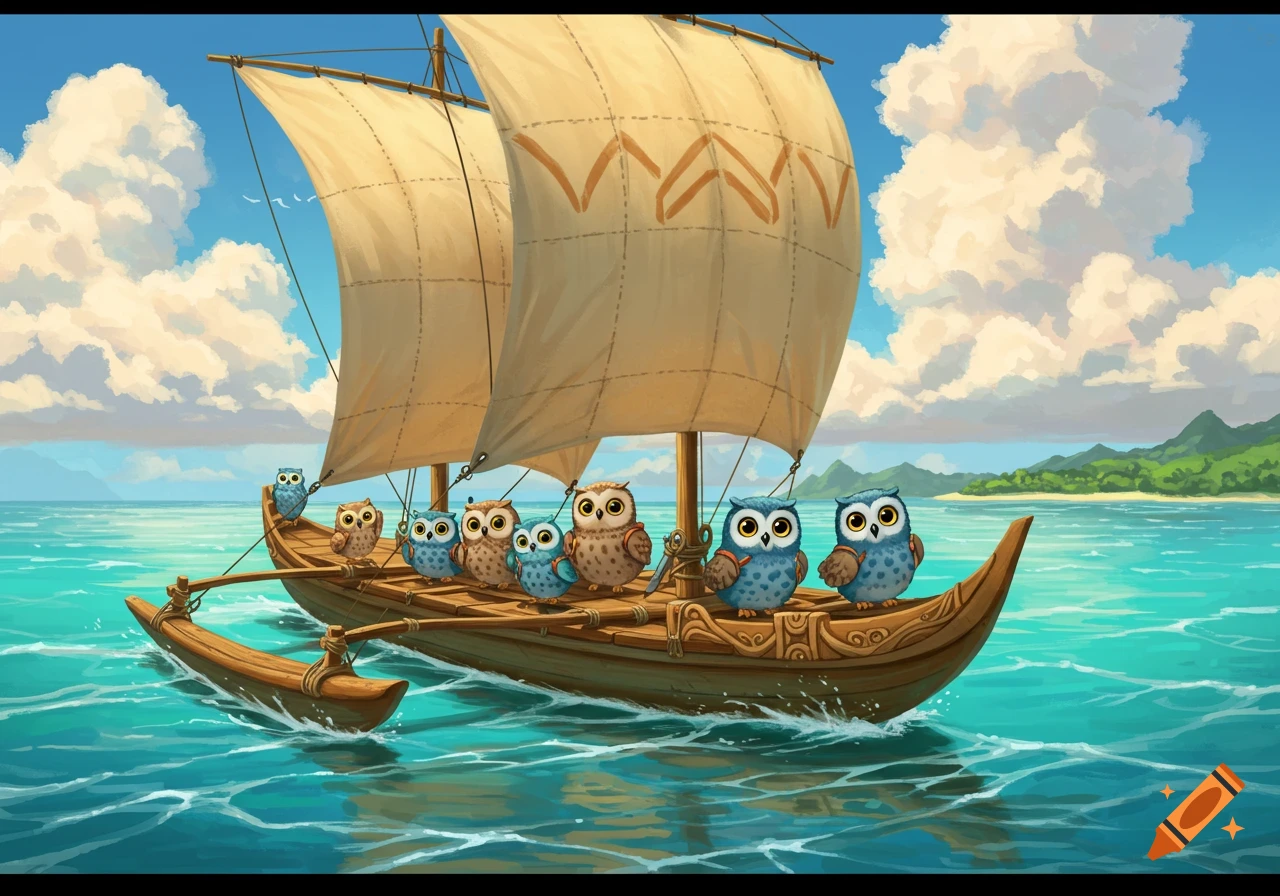Whimsical cartoon owlets with backpacks on a Polynesian voyaging canoe with sails on the ocean.