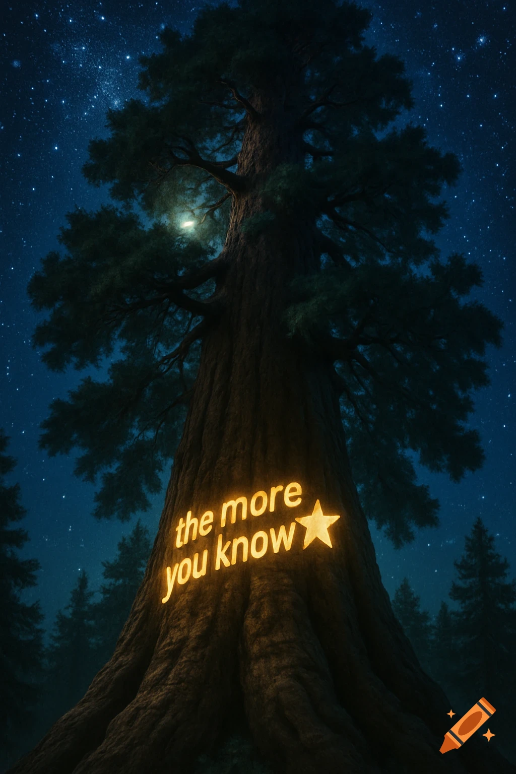 A massive sequoia tree at night, with glowing yellow text 'the more you know' and a star on its trunk under a starry sky.