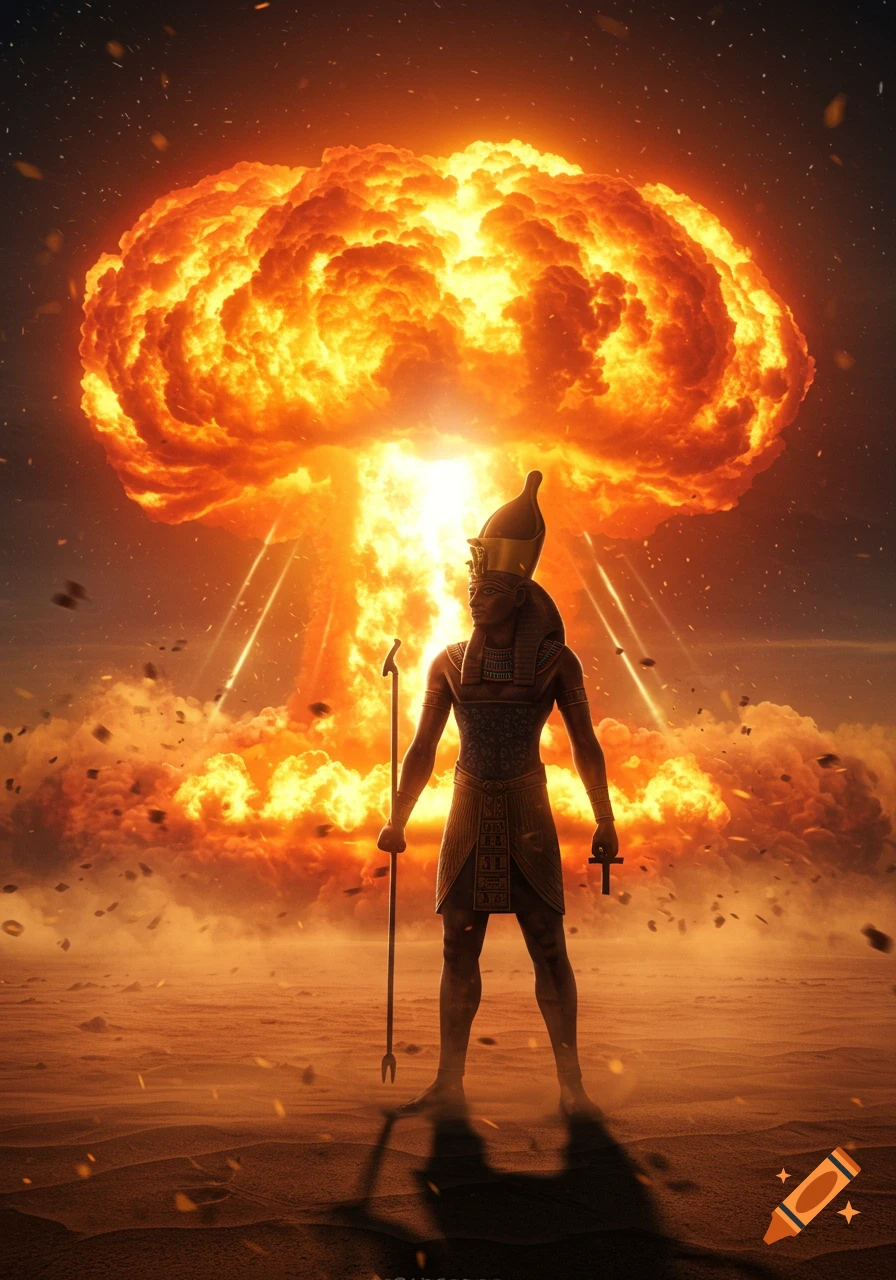 An ancient Egyptian deity stands in a desert before a massive, fiery mushroom cloud, holding a staff and an ankh.